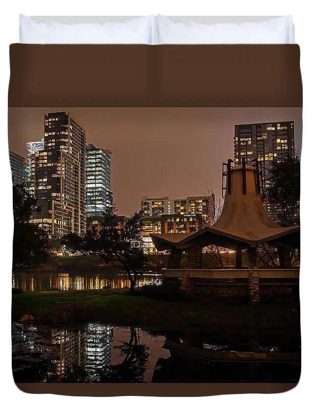 Austin Duvet Cover featuring the photograph Austin Skyline Reflection Colorado River Austin TX Texas Pagoda by Toby McGuire