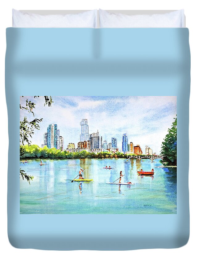 Austin Duvet Cover featuring the painting Austin Texas Skyline from Lou Neff Point by Carlin Blahnik CarlinArtWatercolor