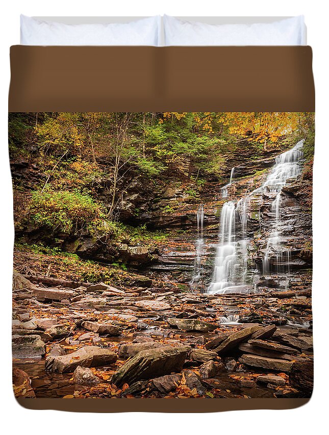 Ricketts Glen Duvet Cover featuring the photograph Autumn at Ganoga Falls by Kristia Adams