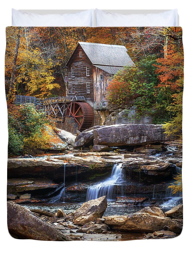 Glade Creek Grist Mill Duvet Cover featuring the photograph Autumn At the Glade Creek Grist Mill by Susan Rissi Tregoning