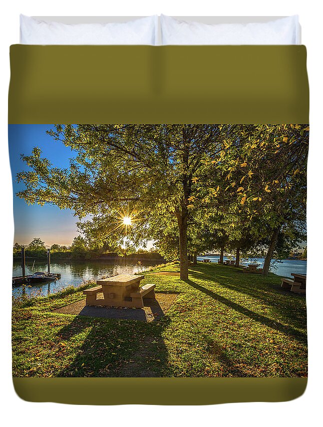 Alex Lyubar Duvet Cover featuring the photograph Autumn at the picnic area by Alex Lyubar