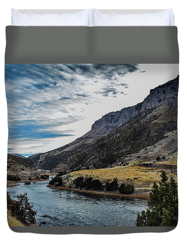 River Duvet Cover featuring the photograph Autumn at Wind River Canyon by Laura Putman