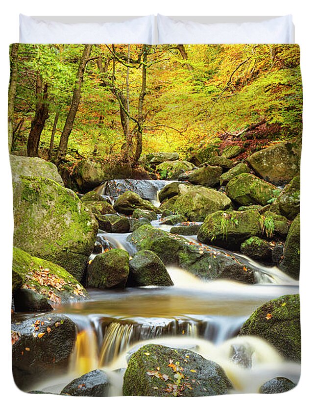 Autumn Colours Duvet Cover featuring the photograph Autumn colours, Burbage Brook, Padley Gorge, Peak District National Park, Derbyshire, England by Neale And Judith Clark