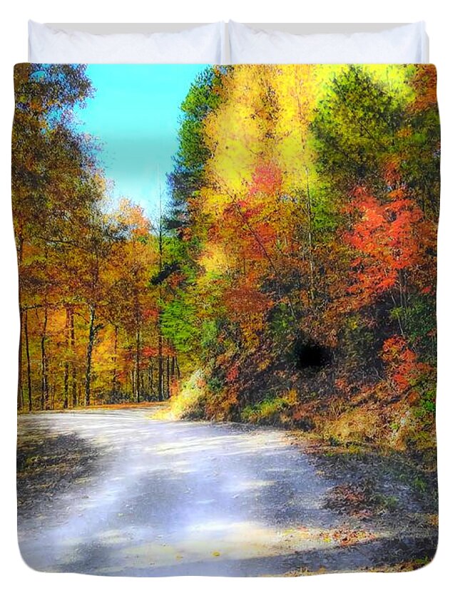 Autumn Duvet Cover featuring the digital art Autumn Country Road by Rachel Hannah