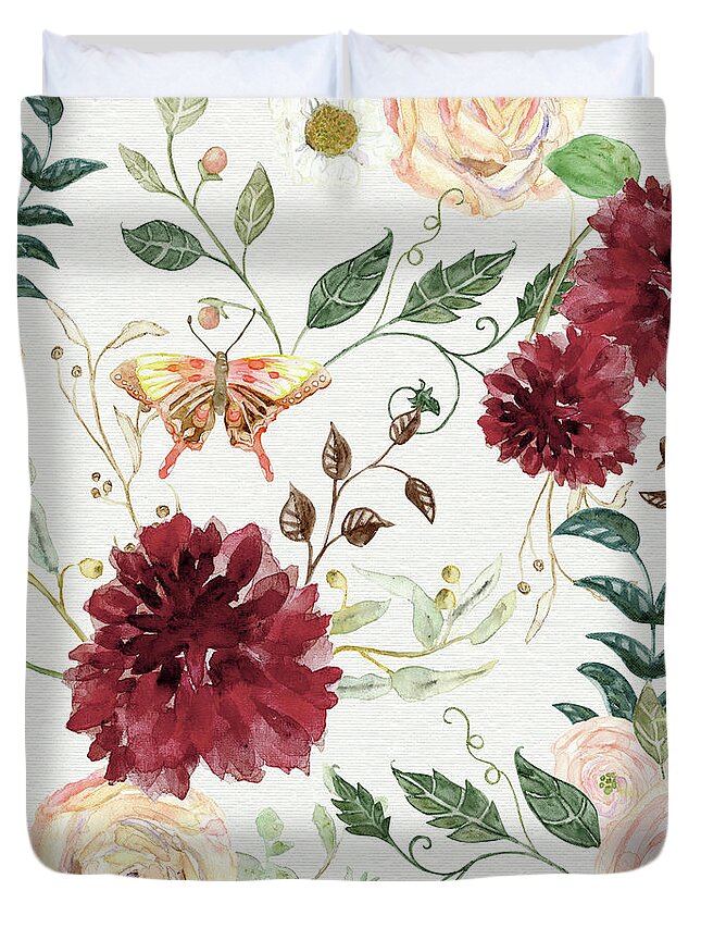 Modern Bohemian Floral Duvet Cover featuring the painting Autumn Fall Burgundy Blush Floral Butterfly w Foliage Greenery by Audrey Jeanne Roberts