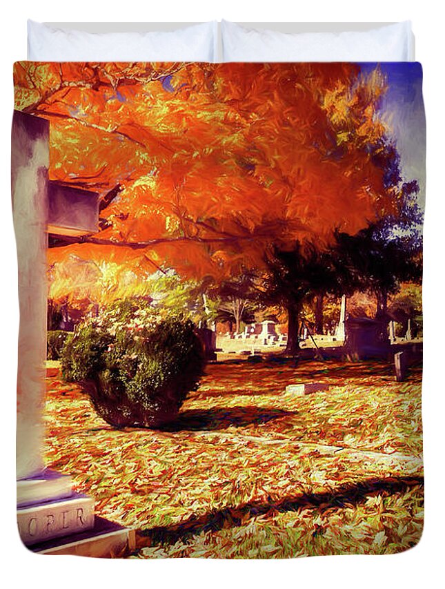 Autumn Duvet Cover featuring the painting Autumn Gold in the Cemetery ap by Dan Carmichael