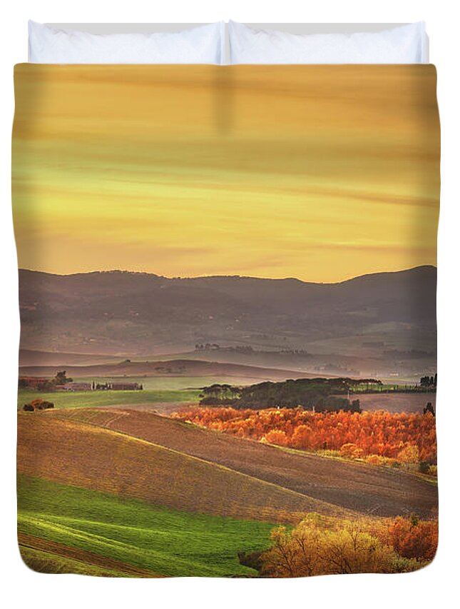 Autumn Duvet Cover featuring the photograph Autumn in Tuscany, rolling hills and woods. Santa Luce by Stefano Orazzini