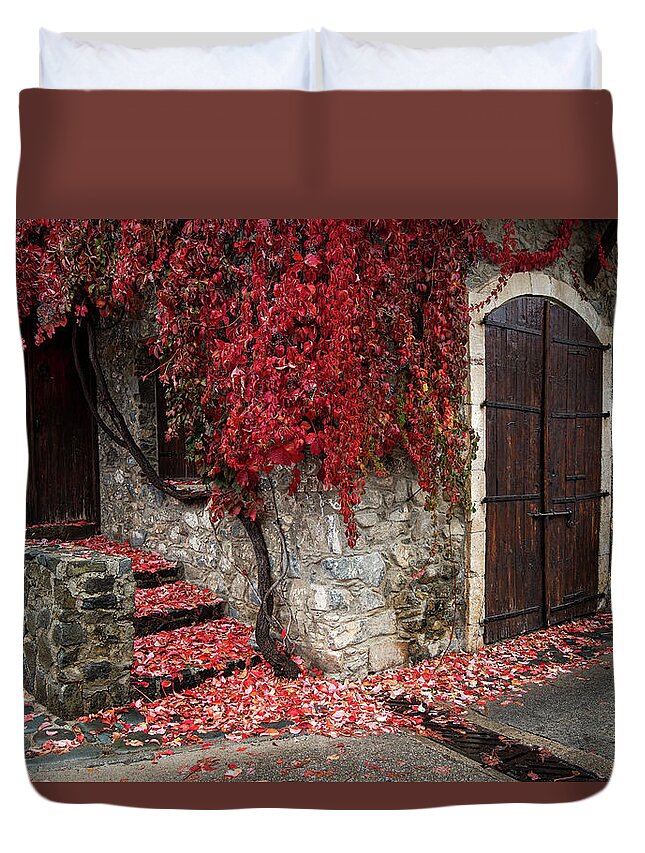 Autumn Duvet Cover featuring the photograph Autumn landscape with red plants on a hous wall by Michalakis Ppalis