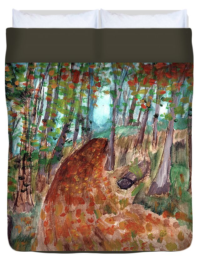 Autumn Duvet Cover featuring the painting Autumn Leaves along the Trail by Christopher Reed