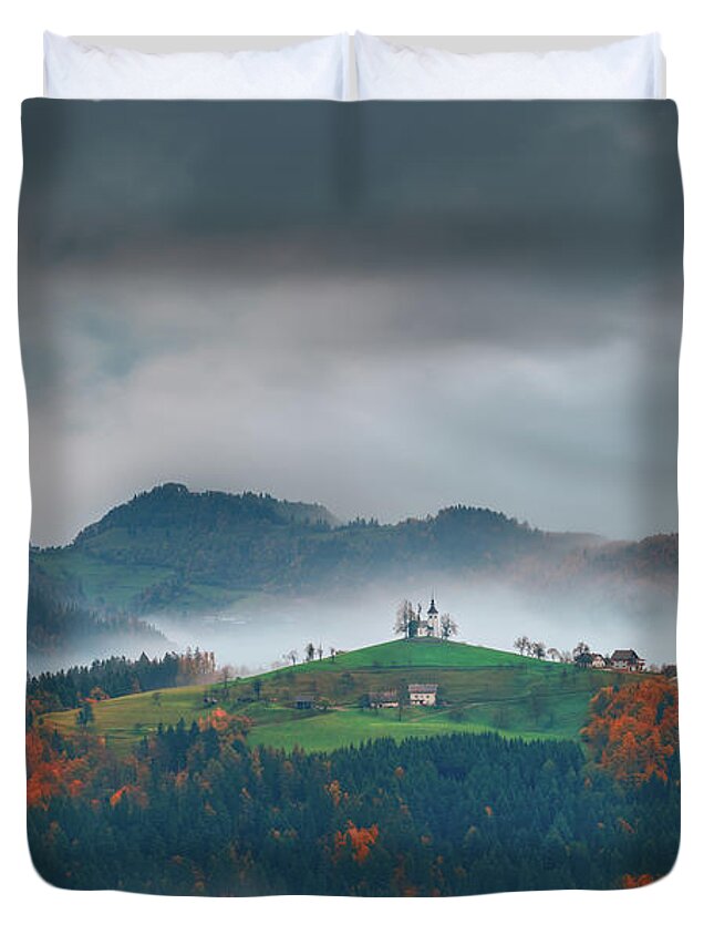 Church Duvet Cover featuring the photograph Autumn morning at slovenia by Henry w Liu
