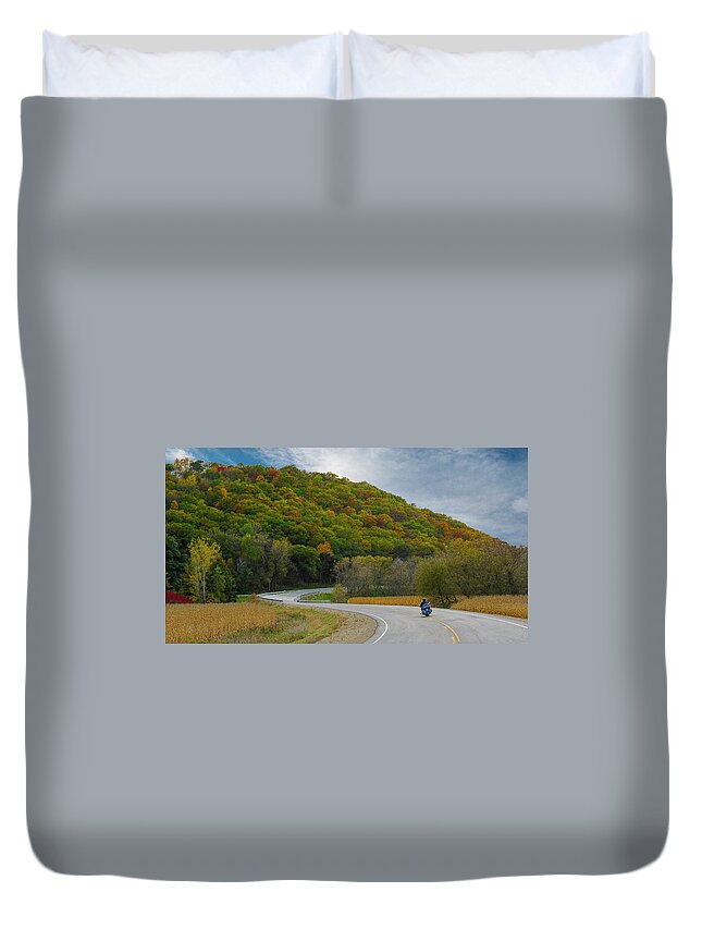 Autumn Duvet Cover featuring the photograph Autumn Motorcycle Rider / Blue by Patti Deters