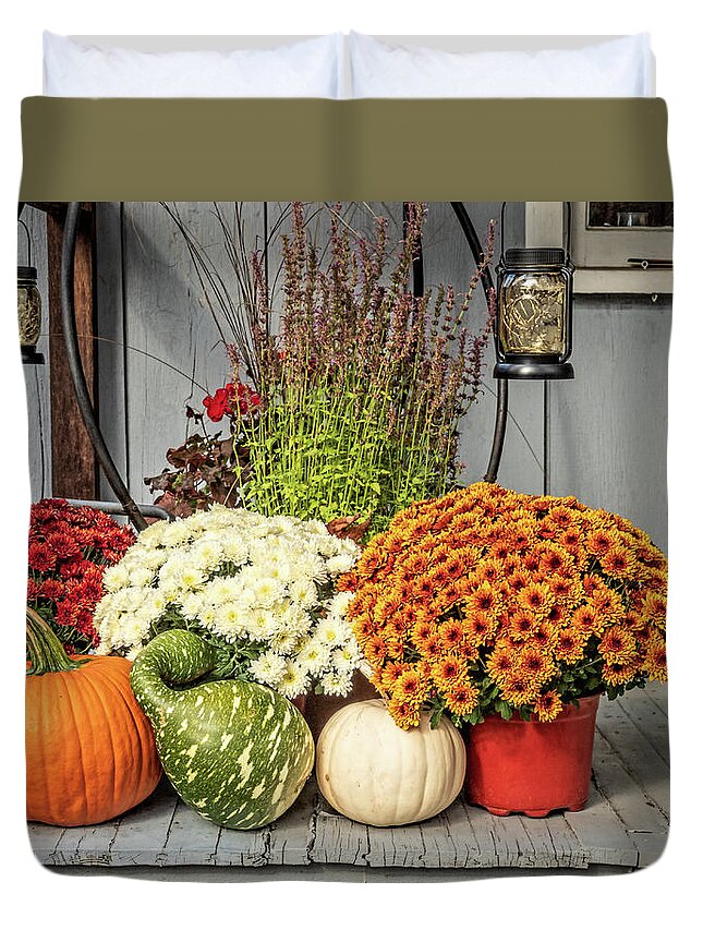 Pumpkin Duvet Cover featuring the photograph Autumn Mums and Gourds at Whitesbog by Kristia Adams