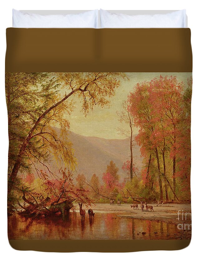 Autumn Duvet Cover featuring the painting Autumn on the Delaware, 1875 by Thomas Worthington Whittredge by Thomas Worthington Whittredge