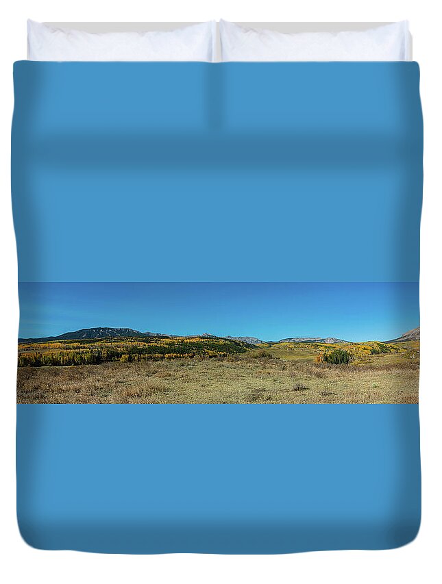 Aspens Duvet Cover featuring the photograph Autumn Rocky Mountain Ranch Panorama 2 by Ron Long Ltd Photography