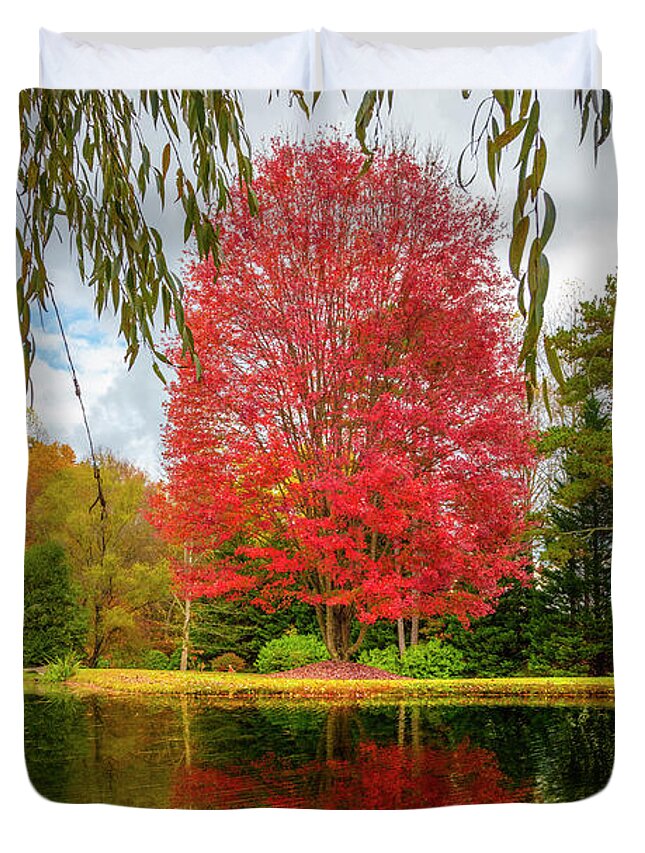 Blairsville Duvet Cover featuring the photograph Autumn Red Maple Reflections at the Lake by Debra and Dave Vanderlaan