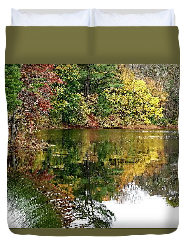 Autumn Duvet Cover featuring the photograph Autumn Reflections at Natick Dam by Lyuba Filatova