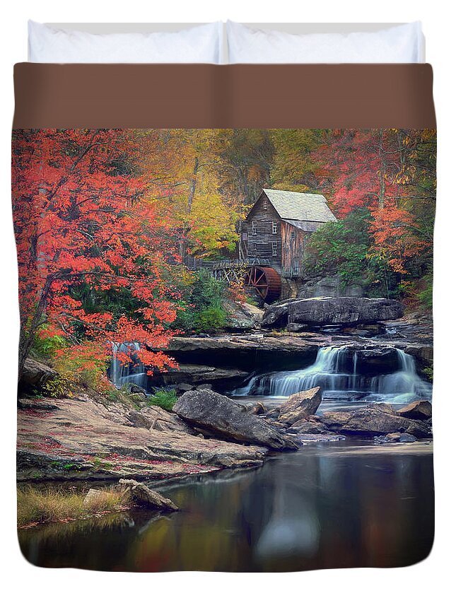 Babcock State Park Duvet Cover featuring the photograph Autumn Splendor at Glade Creek Gristmill by Jaki Miller