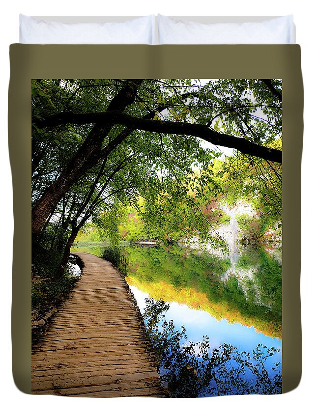 Trail Duvet Cover featuring the photograph Autumn Stroll by Andrea Whitaker
