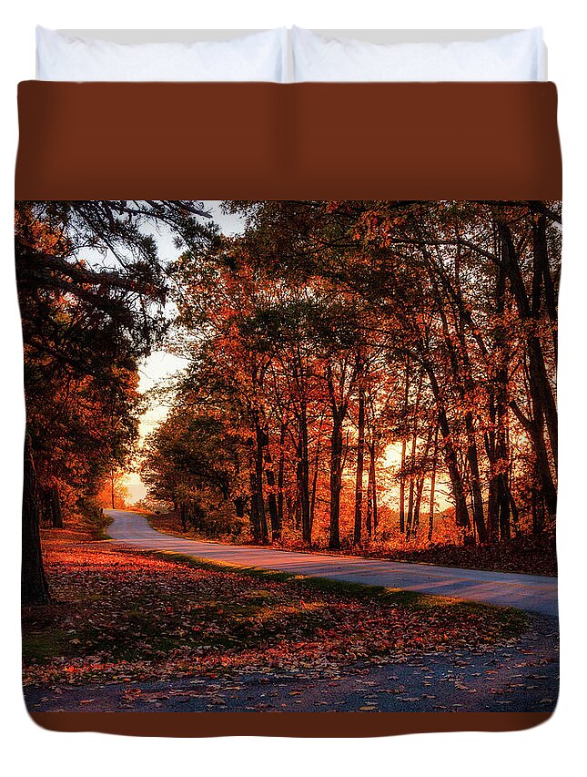 Fall Duvet Cover featuring the photograph Autumn Sunset Through the Trees by Dan Carmichael