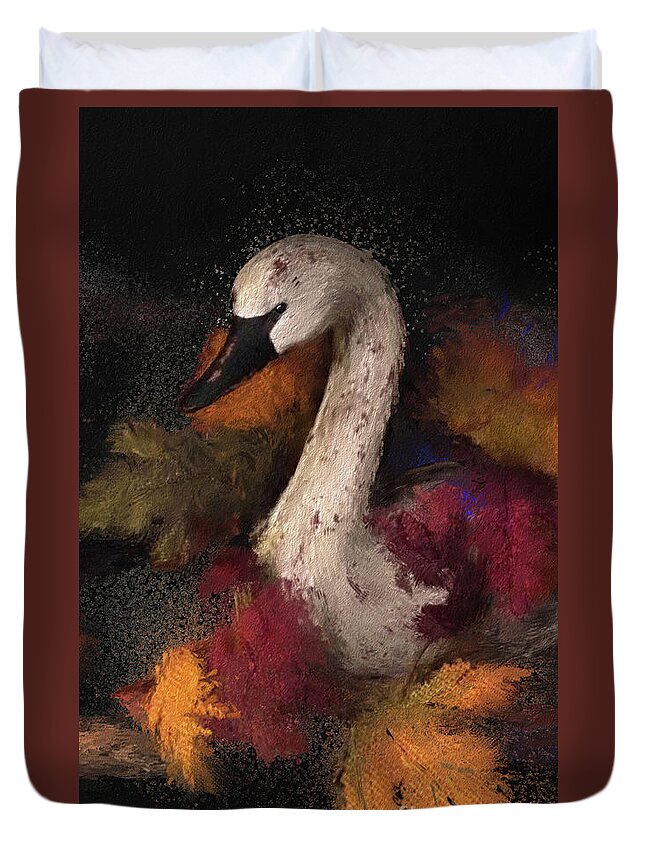 Still Life Duvet Cover featuring the digital art Autumn Swan Vertical by Lois Bryan