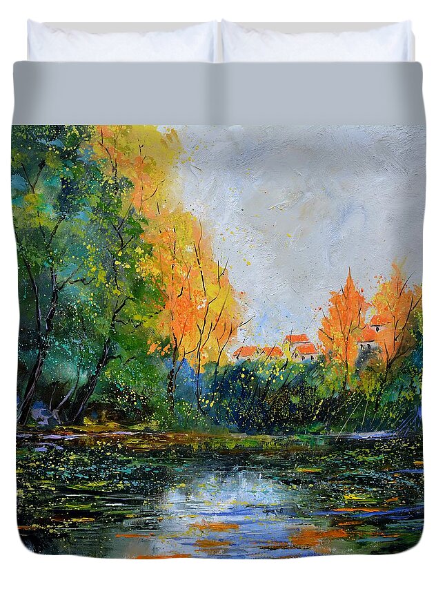 Landscape Duvet Cover featuring the painting Autumnal quiet waters by Pol Ledent
