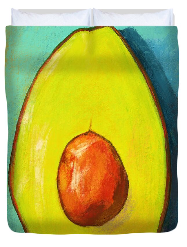 Green Avocado Duvet Cover featuring the painting Avocado Half with Seed Kitchen Decor in Aqua by Patricia Awapara