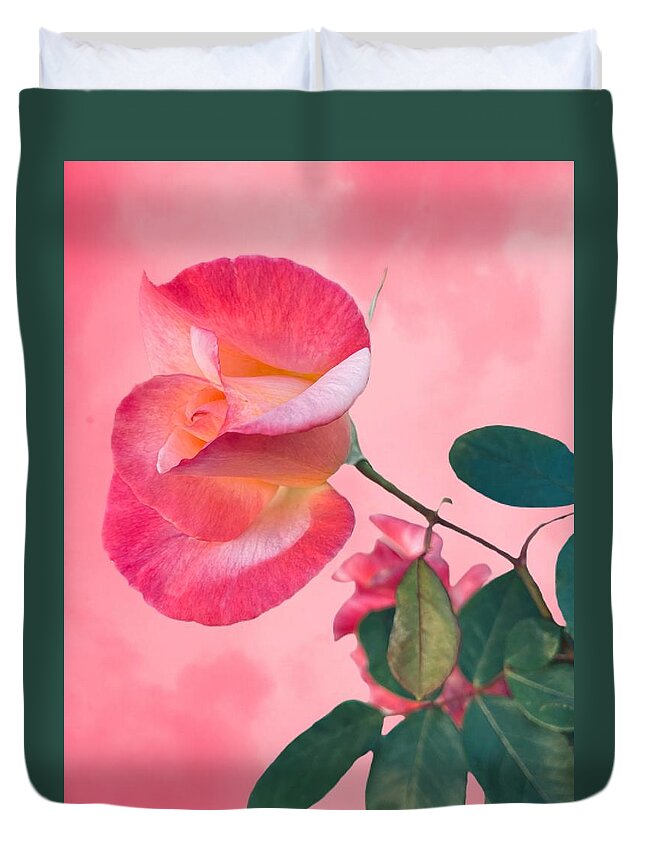Rose Flower Pink White Green Leaves Background Watercolor Duvet Cover featuring the digital art Awesome Baby Pink Rose by Kathleen Boyles