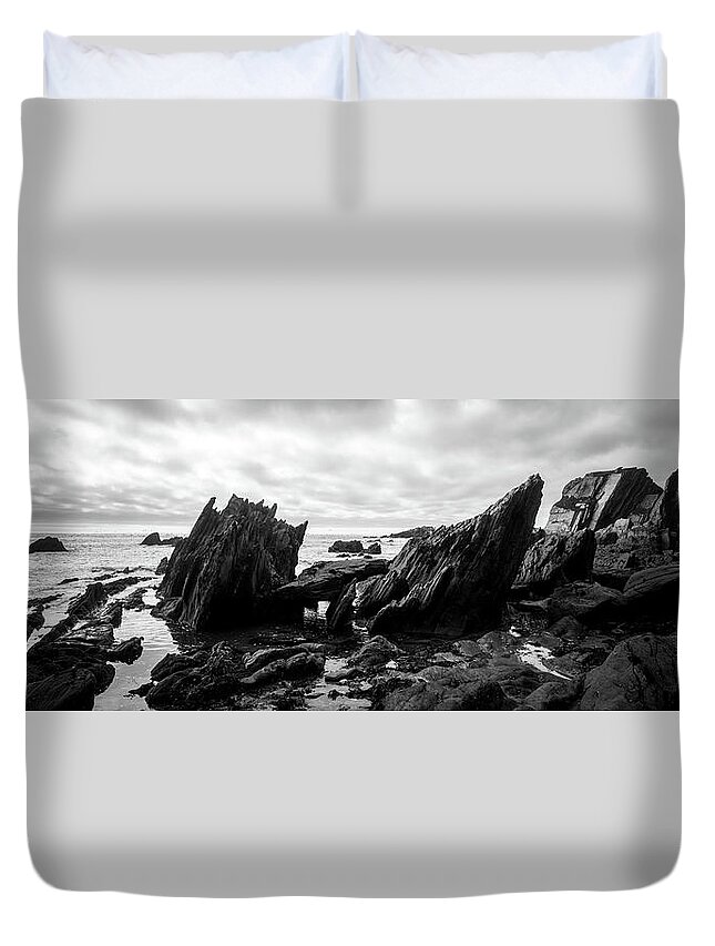Devon Duvet Cover featuring the photograph Ayrmer Cove South hams Devon Black and White by Sonny Ryse