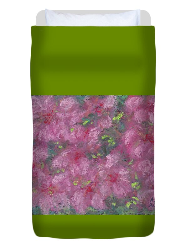 Azaleas Duvet Cover featuring the pastel Azaleas on Green by Anne Katzeff