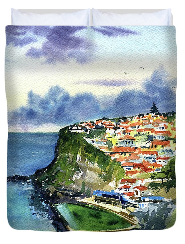 Portugal Duvet Cover featuring the painting Azenhas Do Mar Portugal Painting by Dora Hathazi Mendes
