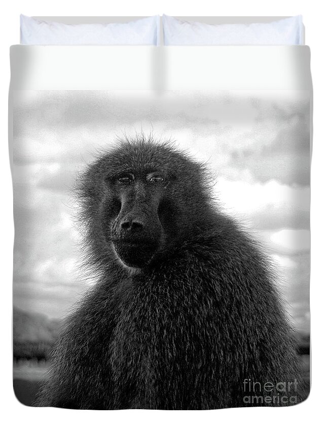 Baboon Duvet Cover featuring the photograph Selfie Portrait Baboon by Doc Braham