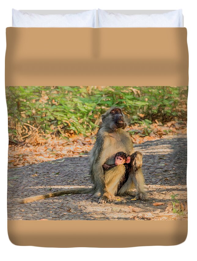 Baboon Duvet Cover featuring the photograph Baboon Mama and Baby in Zimbabwe by Marcy Wielfaert
