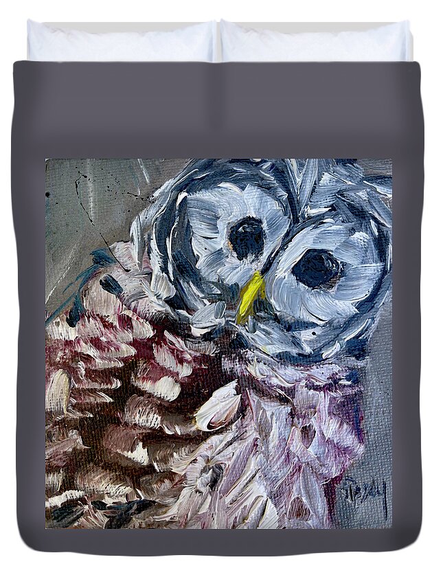 Barred Owl Duvet Cover featuring the painting Baby Barred Owl by Roxy Rich