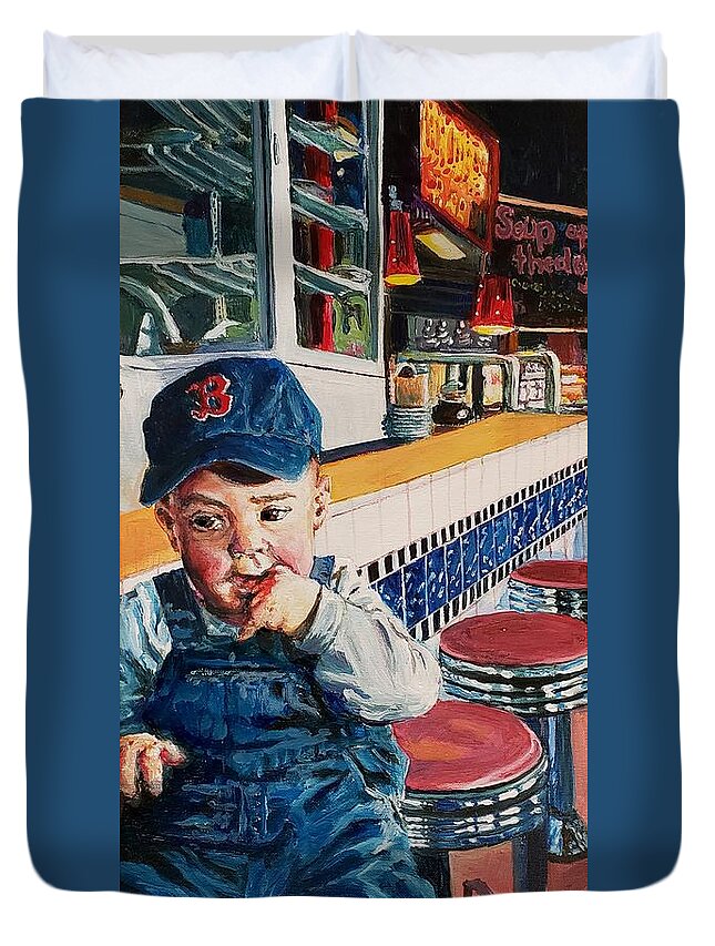 Boston Duvet Cover featuring the painting Baby Boston Baseball Booster by Merana Cadorette