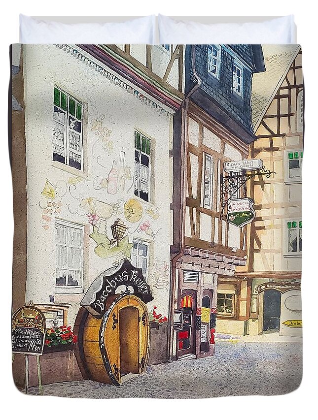 Bacchus Keller Duvet Cover featuring the painting Bacchus Keller, Unkel, Germany by Merana Cadorette