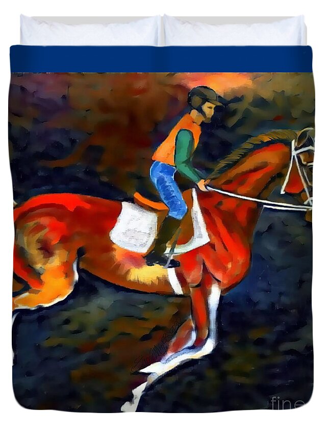 Horse Racing Duvet Cover featuring the digital art Backstretch Thoroughbred 002 by Stacey Mayer