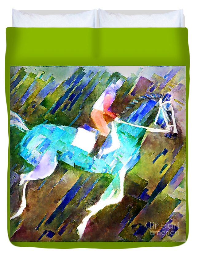 Equestrian Art Duvet Cover featuring the digital art Backstretch Thoroughbred 005 by Stacey Mayer by Stacey Mayer