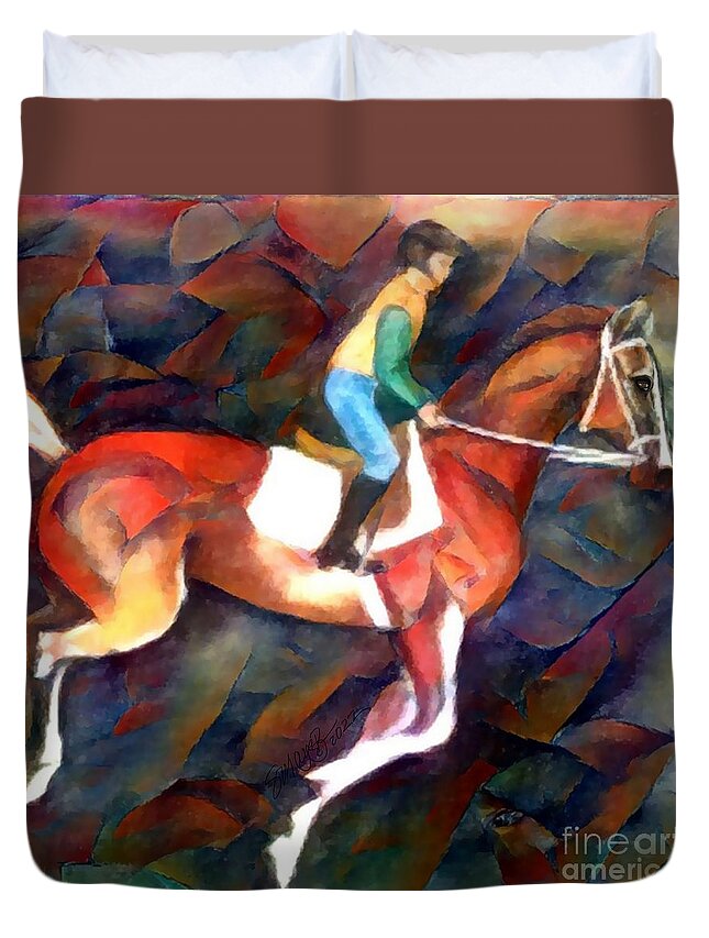 Horse Racing Duvet Cover featuring the digital art Backstretch Thoroughbred 003 by Stacey Mayer