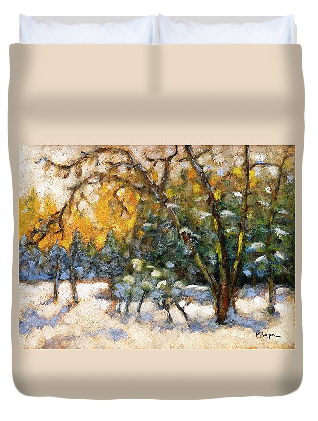Landscape Duvet Cover featuring the painting Backyard in Winter by Mike Bergen