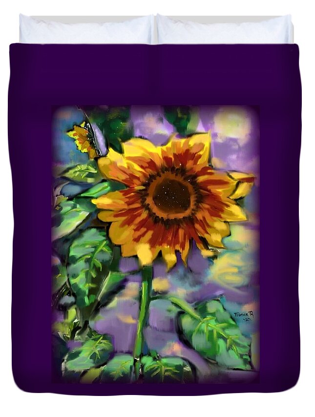Sunflower Duvet Cover featuring the digital art Backyard Sunflower Impressionism by Monica Resinger