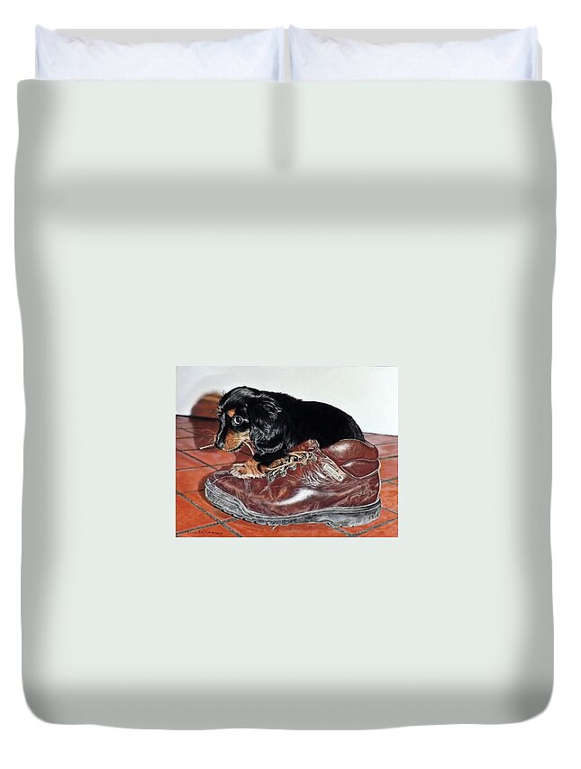 Puppy Duvet Cover featuring the painting Bad Dog by Linda Becker