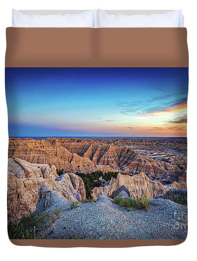 Badlands Duvet Cover featuring the photograph Badlands Overlook at Sunset by Joan McCool