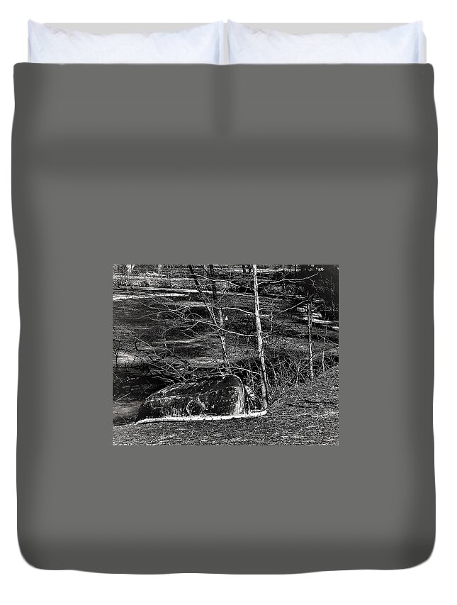 Boat Lake Water Black White Pond Duvet Cover featuring the photograph Baily's Arboretum1 by John Linnemeyer