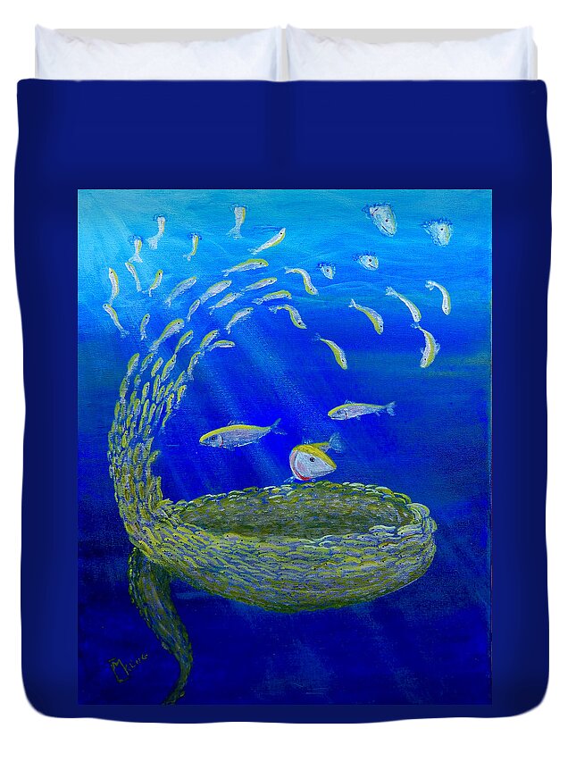 Sea Duvet Cover featuring the painting Bait Ball by Mike Kling