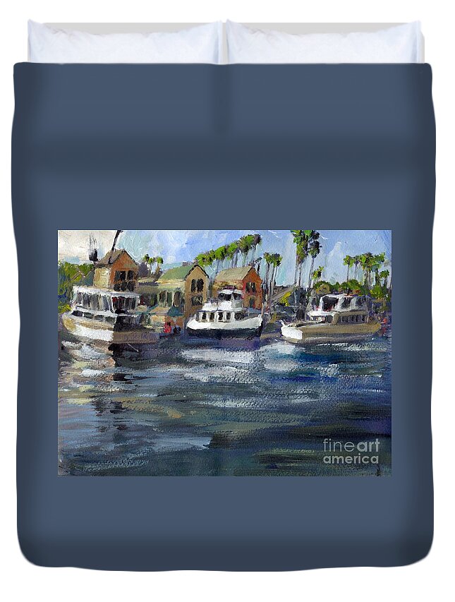 California Duvet Cover featuring the painting Bait Dock Marina Del Rey by Randy Sprout