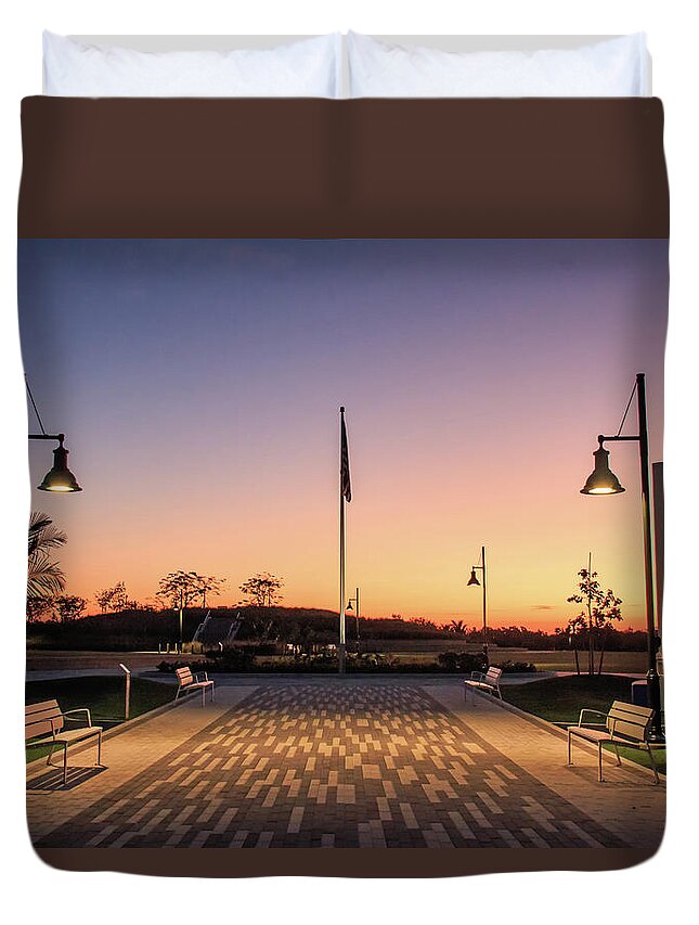 Office Duvet Cover featuring the photograph Baker Park - Entrance to Naples Baker Park at Dawn by Ronald Reid