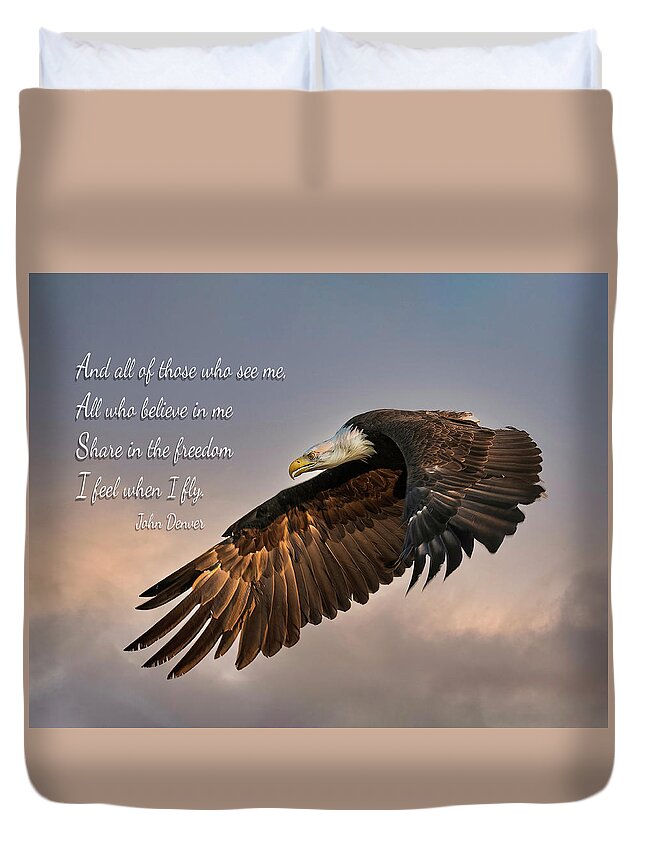 Bald Eagle Duvet Cover featuring the photograph Bald Eagle with John Denver Quote by Dawn Key