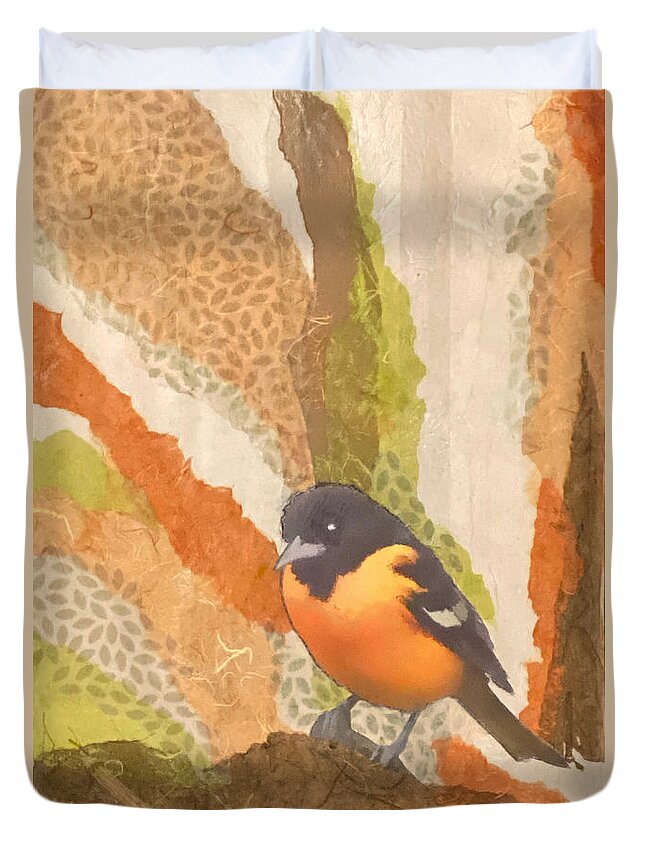 Bird Duvet Cover featuring the mixed media Balltimore Oriole Collage by Jessica Levant