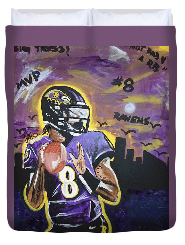 Lamar Jackson Duvet Cover featuring the painting Baltimore's King by Antonio Moore