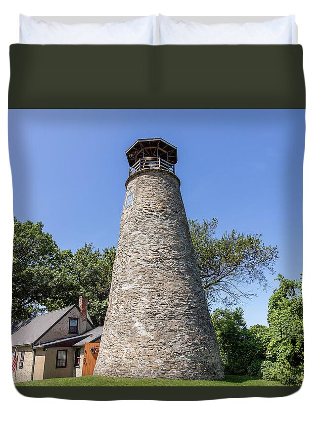 American Duvet Cover featuring the photograph Barcelona Lighthouse against blue skies by Karen Foley